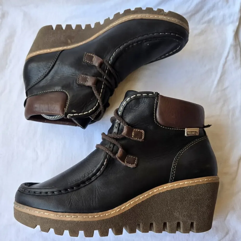 Pikolinos Maple Women's Leather Wedge Ankle Boots Black/Brown Size 40/US 9-9.5